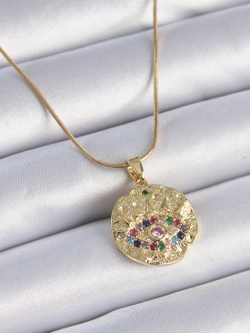 Erb 316L Çelik Zincir Gold Renk Zirkon Taşlı Göz İşlemeli Madalyon Model Kadın Kolye