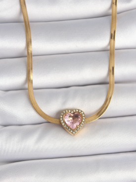 Erb 316L Çelik Gold Renk İtalyan Zincir Pembe Zirkon Taşlı Kalp Model Kadın Kolye