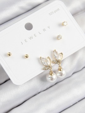 Erb Pirinç Zirkon Taşlı İnci Sallantılı Damla Model Gold Renk 925 Ayar Gümüş Çivi Kadın Küpe Set
