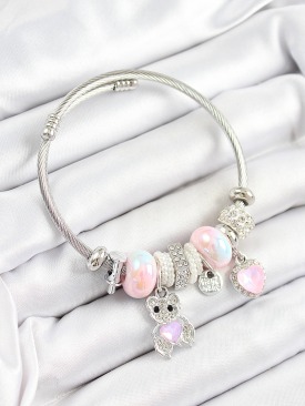 Erb 316L Çelik Pembe Zirkon Taşlı Ayıcık Ve Kalp Model Gümüş Renk Charm Bileklik
