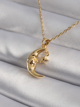 Erb 316L Çelik Gold Renk Zirkon Taşlı Ay Yıldız Model Kadın Kolye