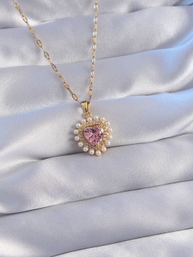 Erb 316L Çelik Zincir Gold Renk İncili Pembe Zirkon Taşlı Kalp Kolye