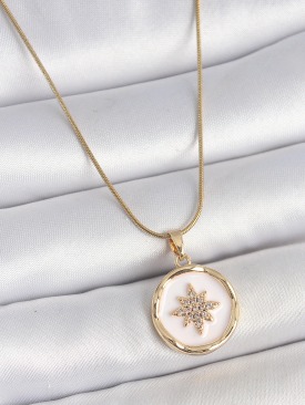 Erb 316L Çelik Gold Renk Zincir Beyaz Mineli Zirkon Taşlı Kuzey Yıldız İşlemeli Madalyon Model Kadın Kolye