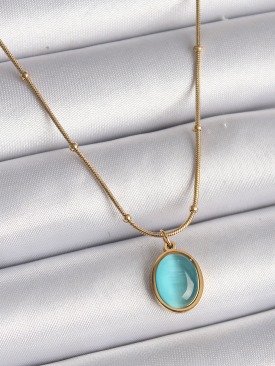 Erb 316L Çelik Gold Renk Mavi Kedi Gözü Sedefli Oval Model Kadın Kolye