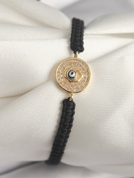 Erb Pirinç Gold Renk Zirkon Taşlı Nazar Boncuk İşleme Makrome Asansörlü Model Kadın Bileklik