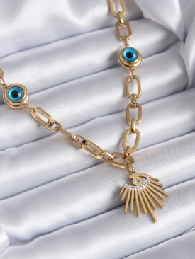 Erb 316L Çelik Gold Renk Göz Model Zirkon Taş Nazar Boncuk Detay Kadın Kolye