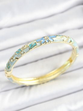 Erb Mineli Pirinç Zirkon Taşlı Mavi Çiçek Desenli Gold Renk Kadın Kelepçe