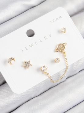 Erb Pirinç Zirkon Taşlı Yıldız Ve Gezegen Model Gold Renk 925 Ayar Gümüş Çivi Kadın Küpe Set
