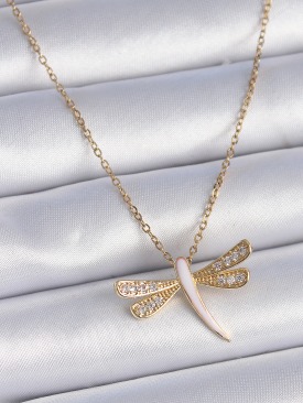 Erb 316L Çelik Zincir Gold Renk Zirkon Taşlı Pembe Sedefli Yusufçuk Model Kadın Kolye