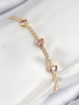 Erb Pirinç Zirkon Taşlı Pembe Kalp Model Gold Renk Kadın Bileklik