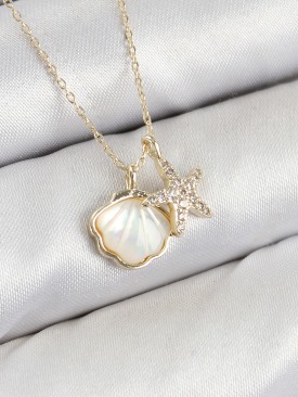 Erb Pirinç Zirkon Taşlı İstiridye Ve Deniz Yıldızı Model Gold Renk Kadın Kolye
