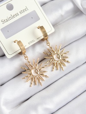 Erb 316L Çelik Zirkon Taşlı Sallantılı Güneş Model Gold Renk Kadın Küpe