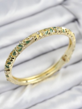 Erb Mineli Pirinç Zirkon Taşlı Yeşil Sarı Çiçek Motifli Gold Kadın Kelepçe