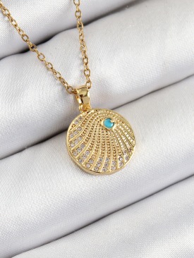 Erb 316L Çelik Zirkon Taşlı Madalyon Model Gold Renk Kadın Kolye