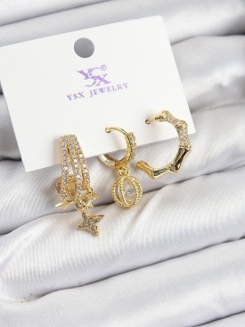 Erb Pirinç Zİrkon Taşlı Sallantılı Yıldız Model Gold Renk 3\'lü Kadın Küpe