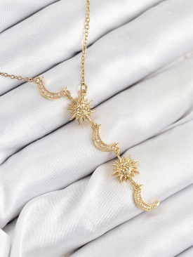 Erb 316L Çelik Zirkon Taşlı Güneş Ve Ay Model Gold Renk Kadın Kolye