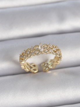 Erb Pirinç Gold Renk Zirkon Taşlı Zikzak Ayarlanabilir Model Kadın Yüzük