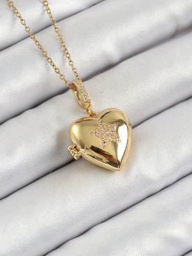 Erb 316L Çelik Zincir Açılabilir Yıldız Figürlü Kalp Model Zirkon Taşlı Gold Renk Kadın Kolye