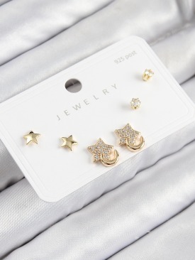 Erb Pirinç Zirkon Taşlı Yıldız Model Gold Renk 925 Ayar Gümüş Çivi Kadın Küpe Set