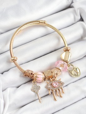 Erb 316L Çelik Pembe Zirkon Taşlı Kilit Göz Ve Anahtar Model Gold Renk Charm Bileklik