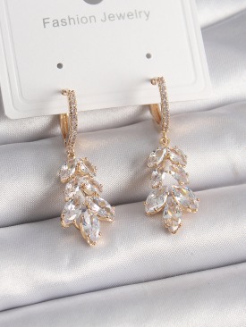 Erb Pirinç Gold Renk Zirkon Taşlı Sallantı Yaprak Model Kadın Küpe