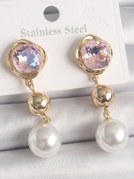 Erb Pirinç Gold Renk Pembe Zirkon Taşlı Sallantı İnci Detay Kadın Küpe