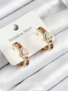 Erb 316L Çelik Renkli Zirkon Taşlı Kalpli Baget Halka Model Gold Renk Kadın Küpe