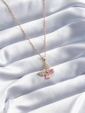 Erb 316L Çelik Gold Renk Pembe Zirkon Taşlı Kelebek Model Kadın Kolye