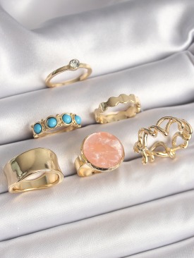 Erb Pirinç Gold Renk Daire Pembe Mineli Zirkon Taş Detaylı 6\'Lı Kadın Yüzük Seti