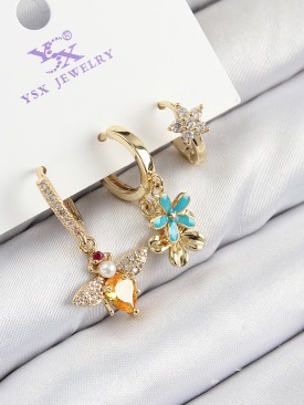 Erb Pirinç Zirkon Taşlı 3\'lü Arı Ve Çiçek Model Gold Renk Kadın Küpe