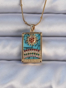 Erb 316L Çelik Gold Renk Mermer Desenli Renkli Zirkon Taşlı Güneş Figürlü Tarot Kolye