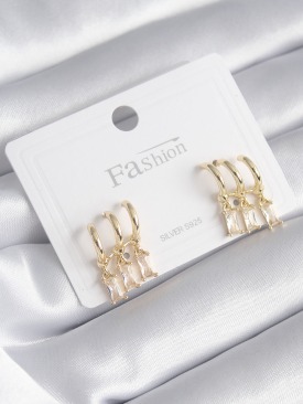 Erb Pirinç Gold Renk 3\'lü Sallantı Zirkon Taşlı Kadın Küpe