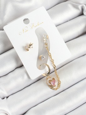 Erb Pirinç Fiyonk Ve Kalp Figürlü Zirkon Taşlı Gold Renk 3\'lü Kıkırdak Kadın Küpe Set
