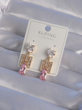Erb XUPİNG Gold Renk Pembe Zirkon Taşlı Damla Model Şeritli Küpe