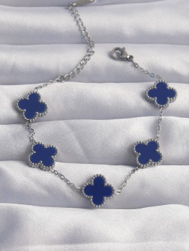 Erb 316L Çelik Gümüş Renk Mavi Mineli Yonca Bileklik