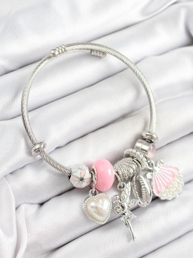 Erb 316L Çelik Pembe Zirkon Taşlı Yıldız Melek İstiridye Ve Kalp Model Gümüş Renk Charm Bileklik