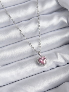 Erb 316L Çelik Zincir Gümüş Renk Pembe Zirkon Taş Charm Model Kadın Kolye