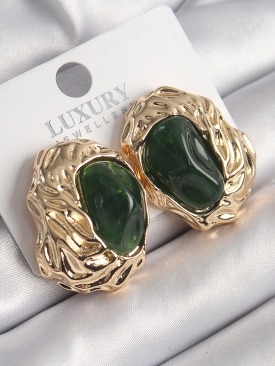 Erb Pirinç Gold Renk Yeşil Oval İşleme Detay Vintage Kadın Küpe