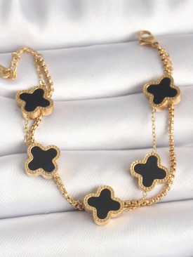 Erb 316L Çelik Gold Renk 2\'Li Zincir Model Siyah Yonca Figür Kadın Bileklik