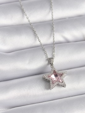Erb 316L Çelik Gümüş Renk Pembe Zirkon Taşlı Yıldız Model Kadın Koyle