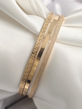 Erb 316L Çelik Gold Renk Simli ZikZak İşleme Model Kadın Bileklik