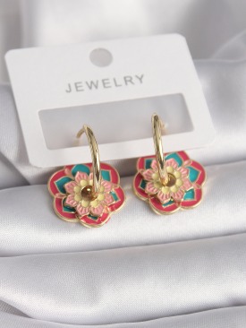 Erb Pirinç Gold Renk Kırmızı Pembe Renkli Motif Çiçek Model Kadın Küpe
