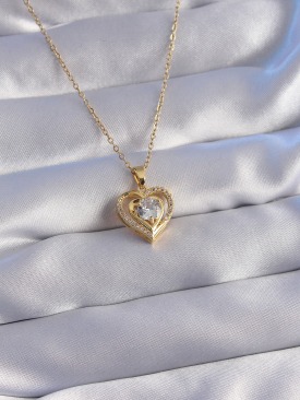 Erb 316L Çelik Zincir Gold Renk Zirkon Taşlı Kalp Kolye