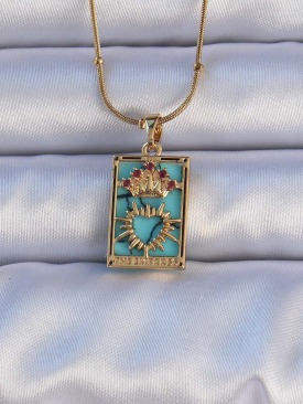 Erb 316L Çelik Gold Renk Mermer Desenli Renkli Zirkon Taşlı Kalp Figürlü Tarot Kolye