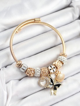 Erb 316L Çelik Siyah Zirkon Taşlı Kalp Kelebek Ve İstiridye Model Gold Renk Charm Bileklik