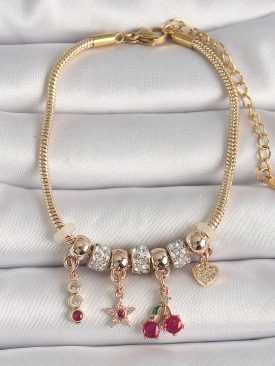 Erb 316L Çelik Gold Renk Zincir Sallantı Zirkon Taşlı Kiraz Figür Kalp Detay Kadın Bileklik