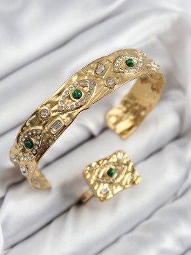 Erb Pirinç Zirkon Taşlı Göz Model Gold Renk Bileklik Yüzük Set