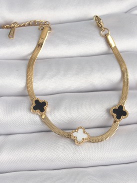 Erb 316L Çelik Gold Renk İtalyan Zincir Siyah Beyaz Yonca Model Kadın Bileklik