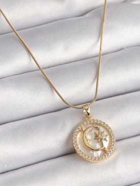 Erb 316L Çelik Gold Renk Zincir Zirkon Taş Detaylı Beyaz Sedefli Ay Yıldız Model Kadın Kolye