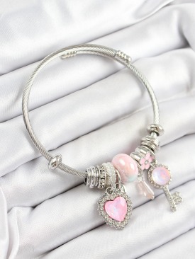 Erb 316L Çelik Pembe Zirkon Taşlı Yıldız Anahtar Ve Kalp Model Gümüş Renk Charm Bileklik